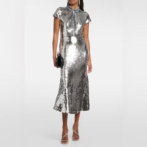 Self Portrait Silver Sequin Twist Neck Midi Dress